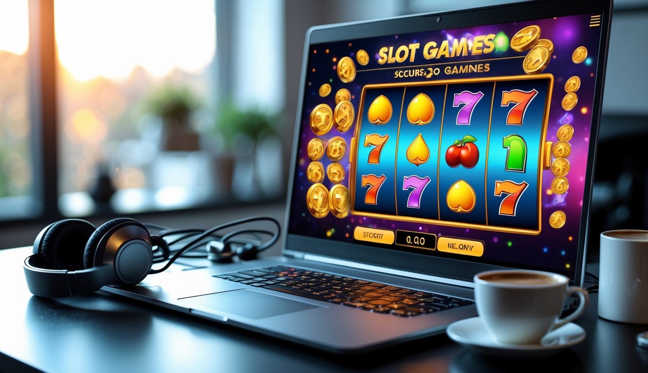 Seorang pemain menggunakan komputer dengan layar menampilkan permainan slot online yang berwarna-warni di atas meja yang rapi.