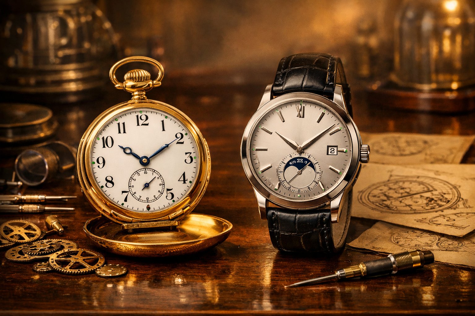 Un reloj de bolsillo antiguo y un reloj de pulsera moderno sobre una mesa de madera, rodeados de engranajes y herramientas de relojería.