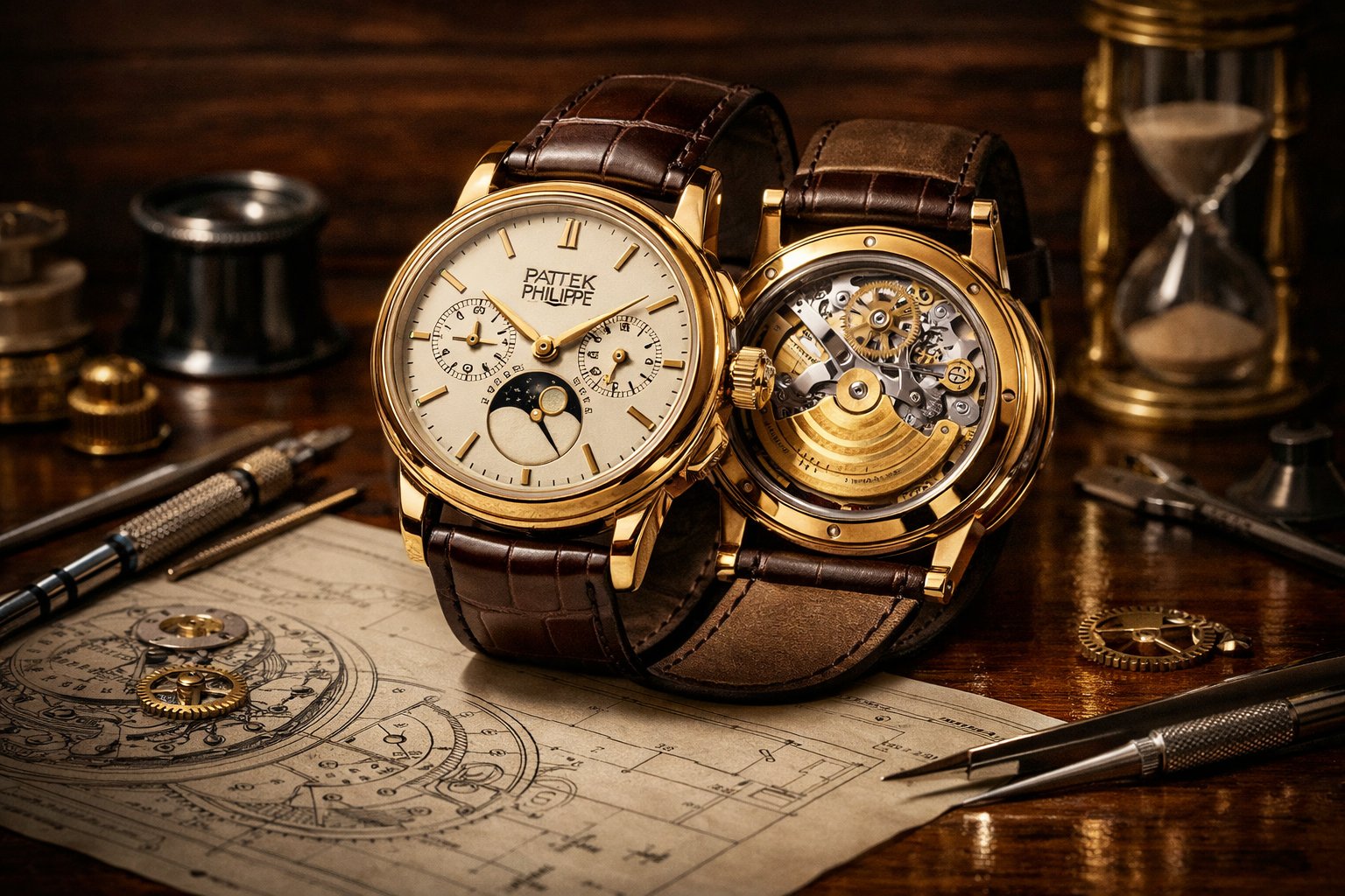 Por Qué Patek Philippe Es Considerado el Máximo Lujo Relojero: Historia y Prestigio de la Manufactura Suiza 1 Un reloj de pulsera clásico y elegante con caja de oro y correa de cuero, sobre una superficie de madera oscura, rodeado de herramientas de relojería y planos técnicos.