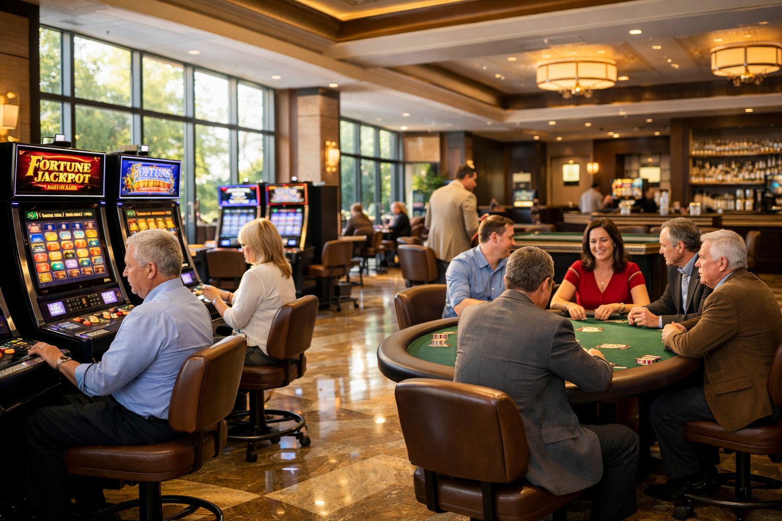 People playing casino games in a bright, spacious casino during the day.