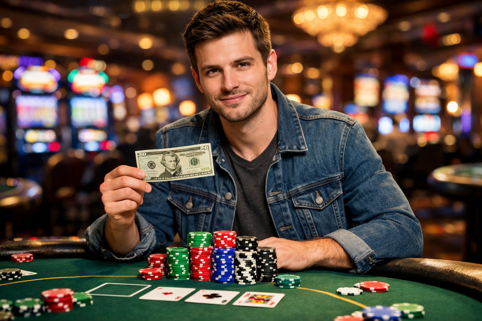 A young adult holding a $20 bill standing at a casino table with poker chips and playing cards, looking confident and focused.
