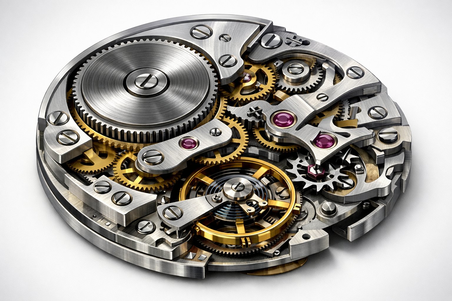 Vista detallada del mecanismo interno de un reloj Patek Philippe mostrando engranajes, resortes y componentes mecánicos interconectados.