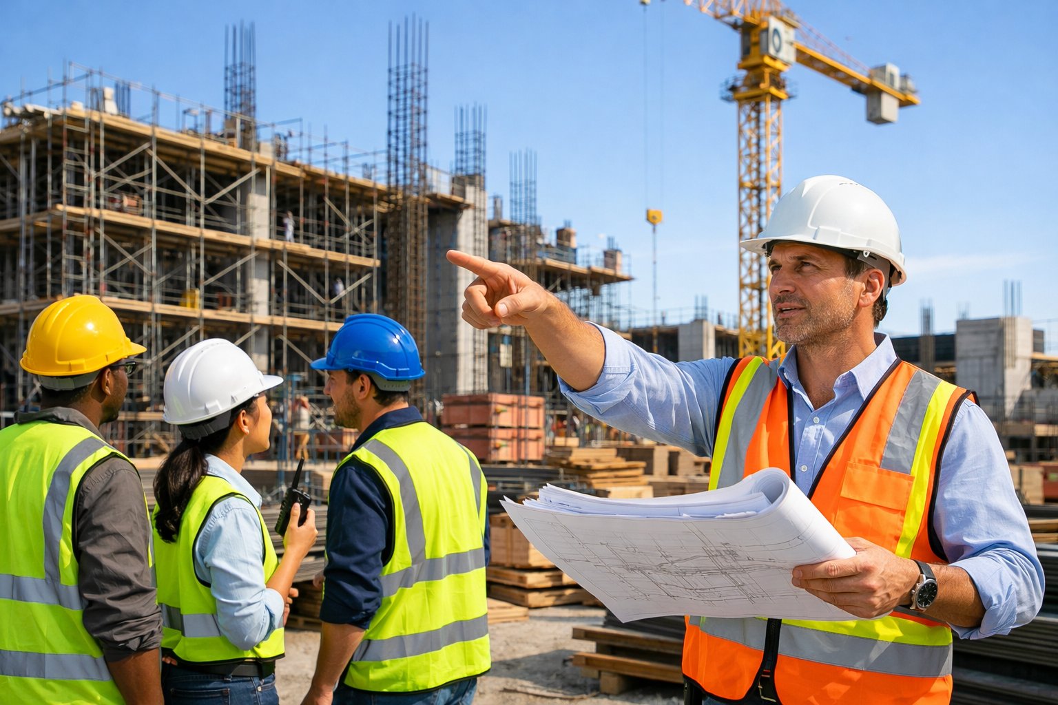 Un chef de projet supervise des travaux de construction avec des ingénieurs et ouvriers portant des casques et des gilets de sécurité sur un chantier actif.