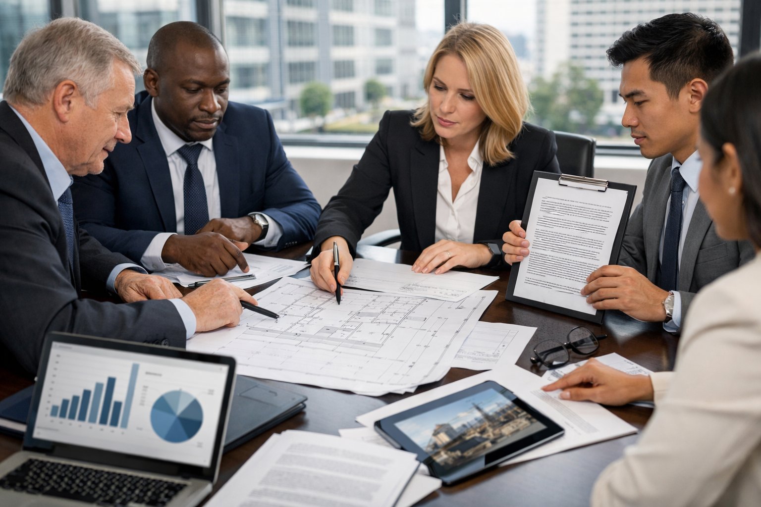 Un groupe de professionnels en réunion autour d'une table de conférence avec des documents et des appareils électroniques, discutant dans un bureau moderne.