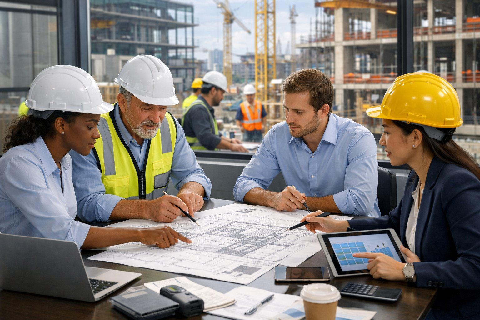 Une équipe d’ingénieurs et de chefs de projet discutant autour de plans dans un bureau de chantier avec un site de construction actif en arrière-plan.