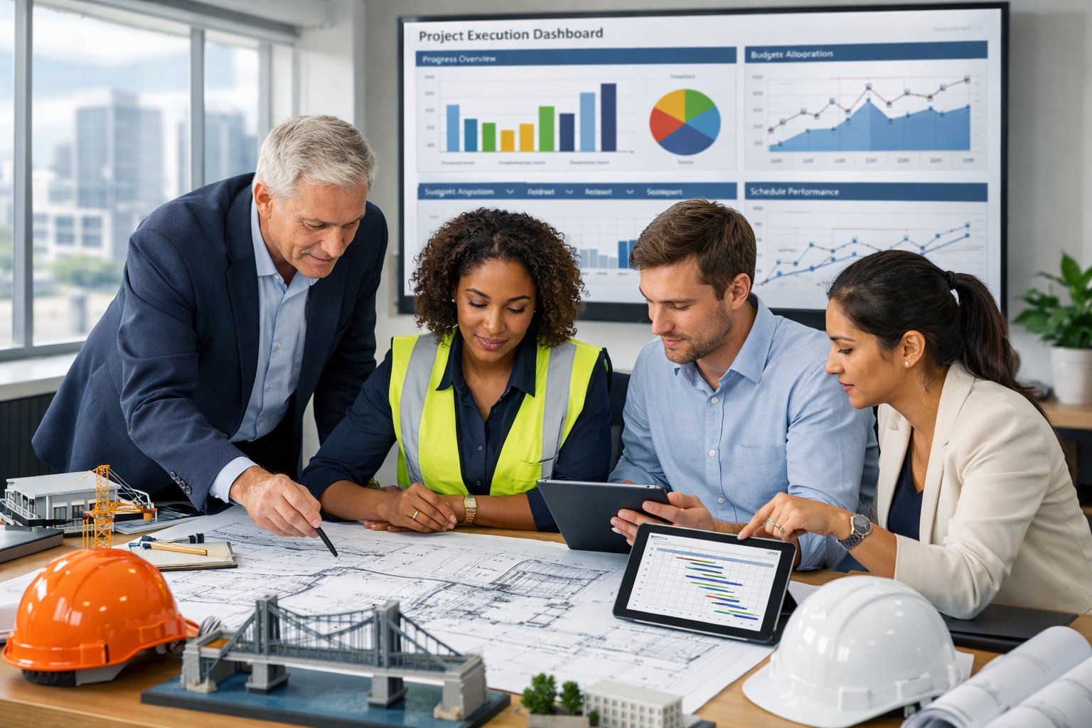 Des professionnels collaborant autour d'une table avec des plans de construction et des tablettes dans un bureau lumineux, travaillant sur l'exécution de travaux publics.