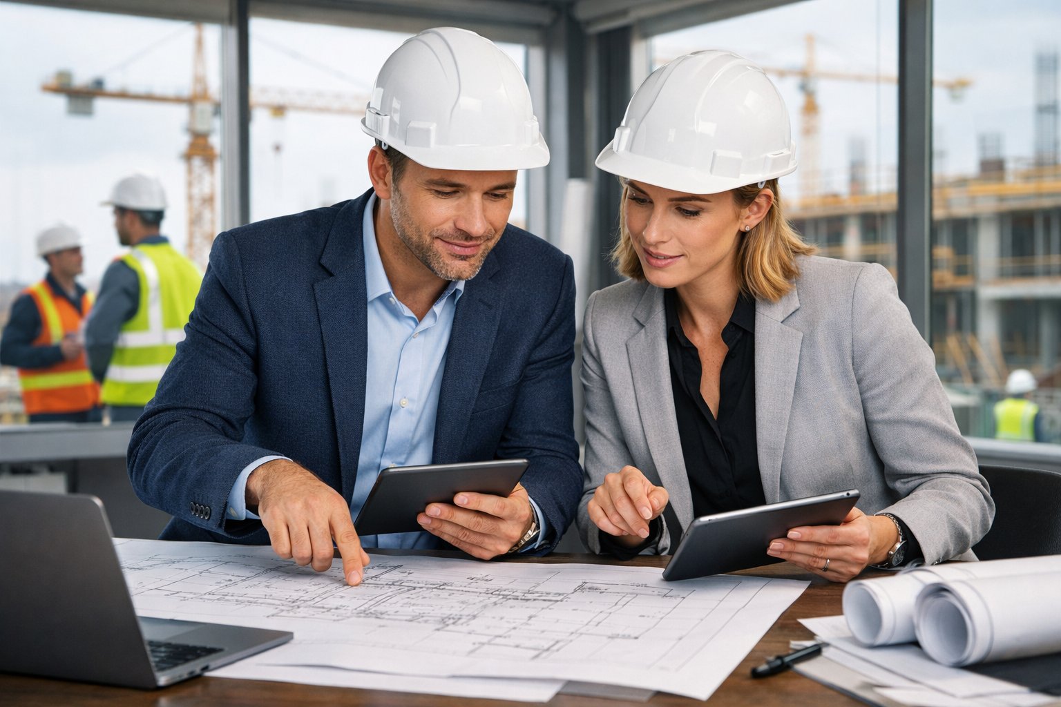 Deux responsables de chantier discutant de plans sur un chantier de construction actif.