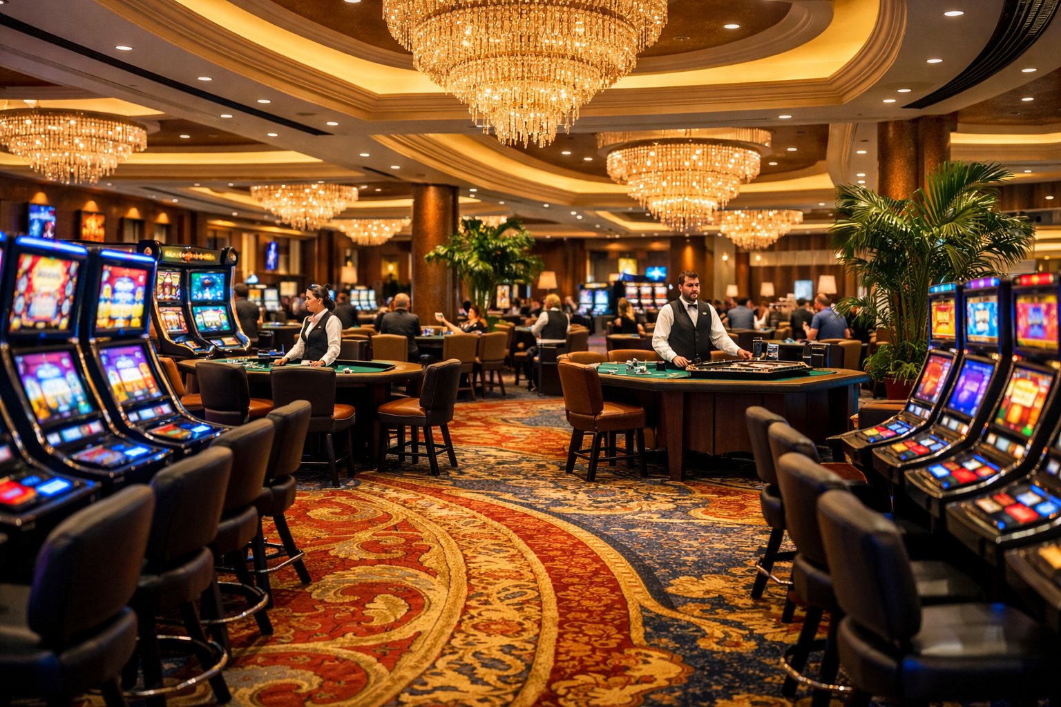 Interior view of a casino floor with slot machines, gaming tables, warm lighting, and decorative elements creating an inviting atmosphere.