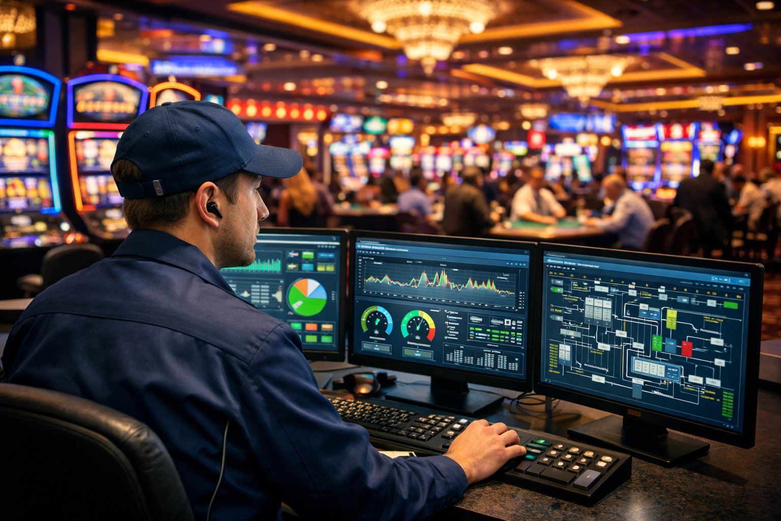 A technician monitors energy management screens in a busy casino with slot machines and gaming tables operating.