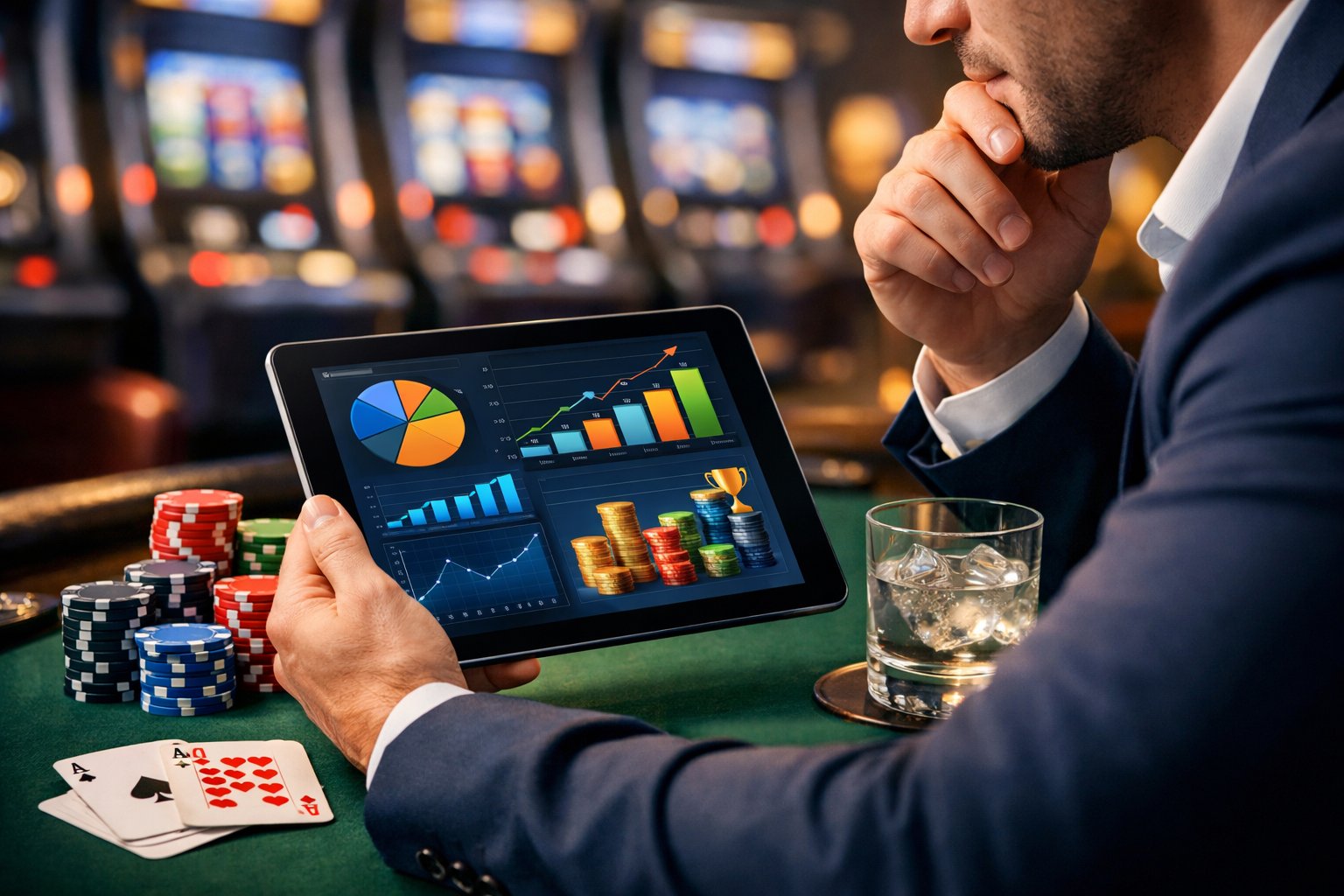 A person at a casino table looking at a tablet with charts, surrounded by poker chips and playing cards.
