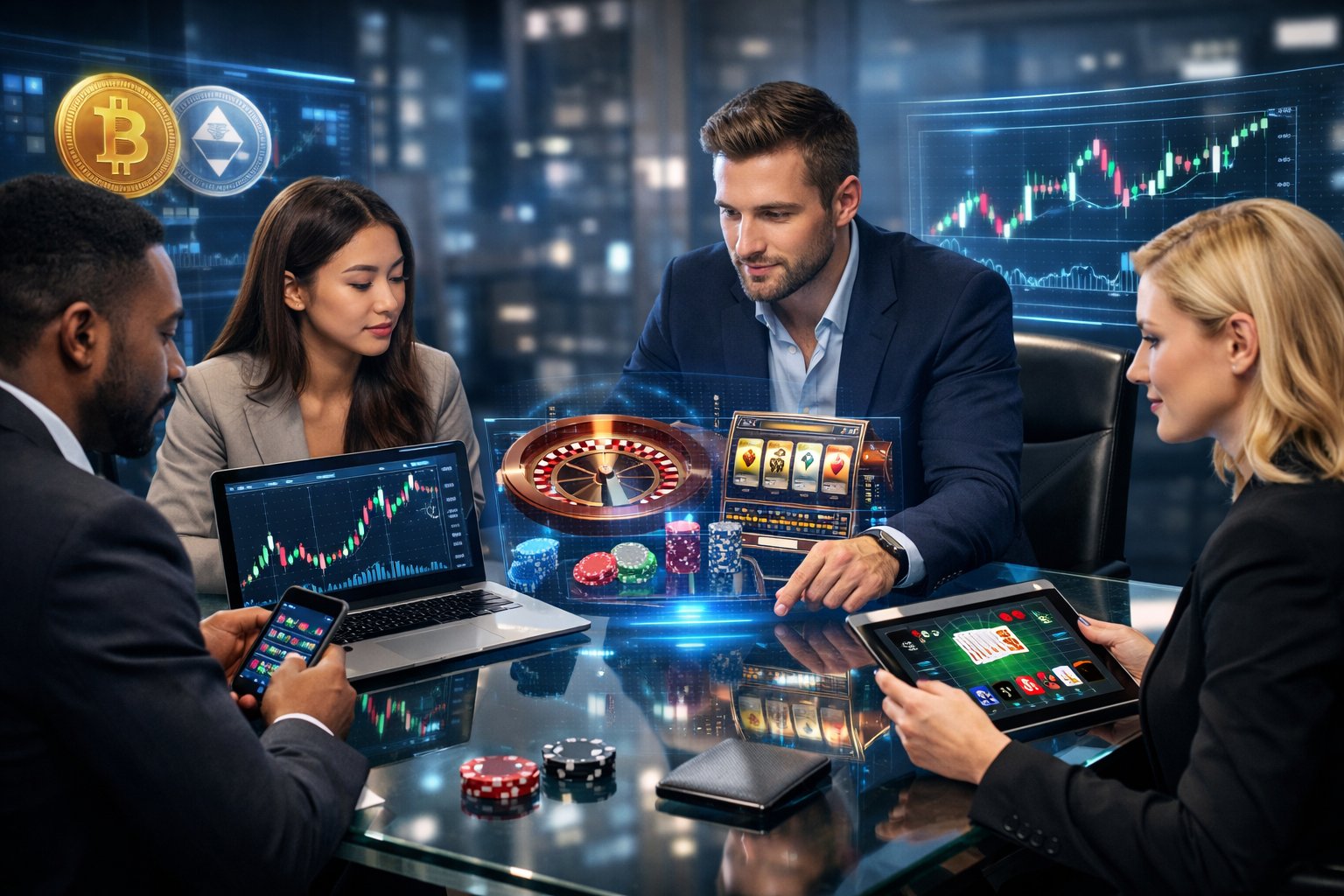 A group of professionals discussing cryptocurrency and casino strategies around a glass table with digital devices showing charts and game interfaces.