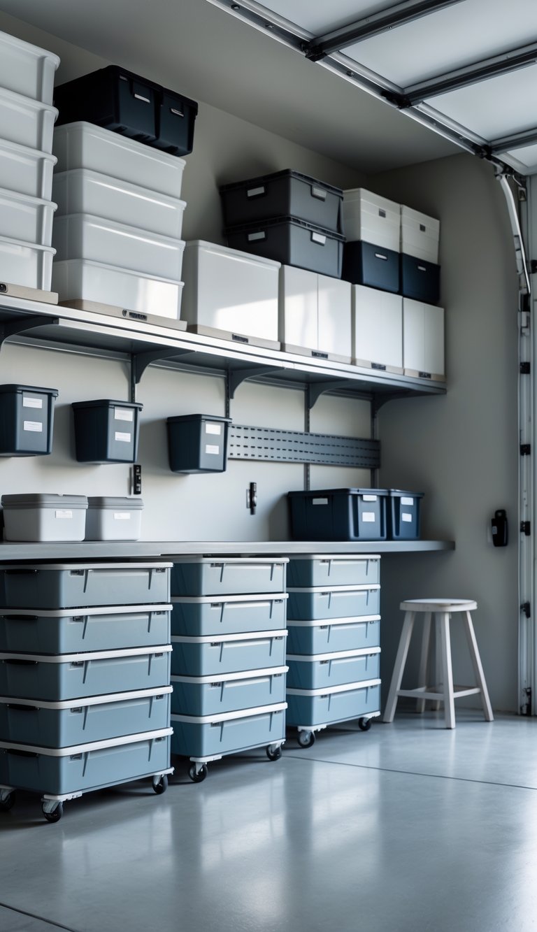 Minimalist garage organization idea featuring steel brackets, upper storage cubes, hanging bins, rolling drawer towers, and stacked labeled containers.
