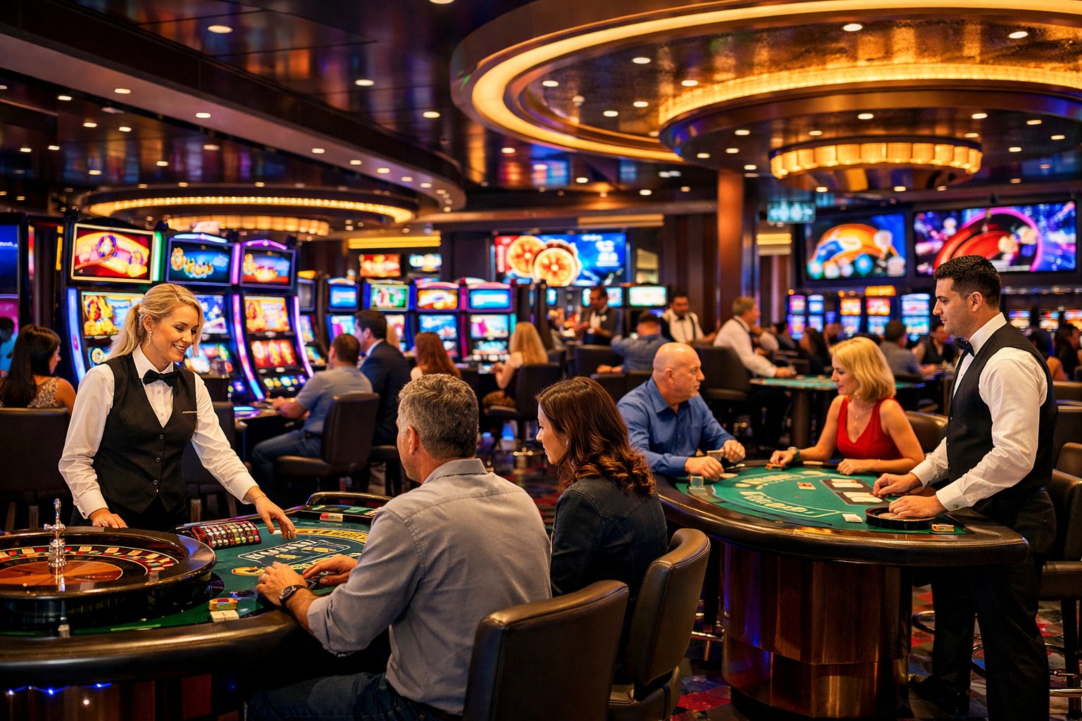 Interior of a modern casino with slot machines, gaming tables, and people playing games.