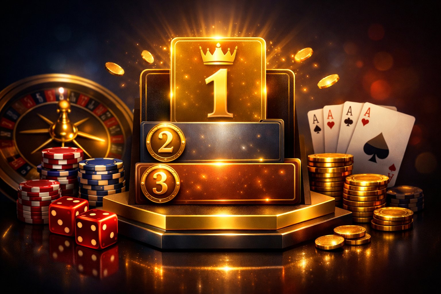 A Leaderboard Showing Top Rankings Surrounded By Casino Elements Like Poker Chips, Playing Cards, Dice, And A Roulette Wheel.