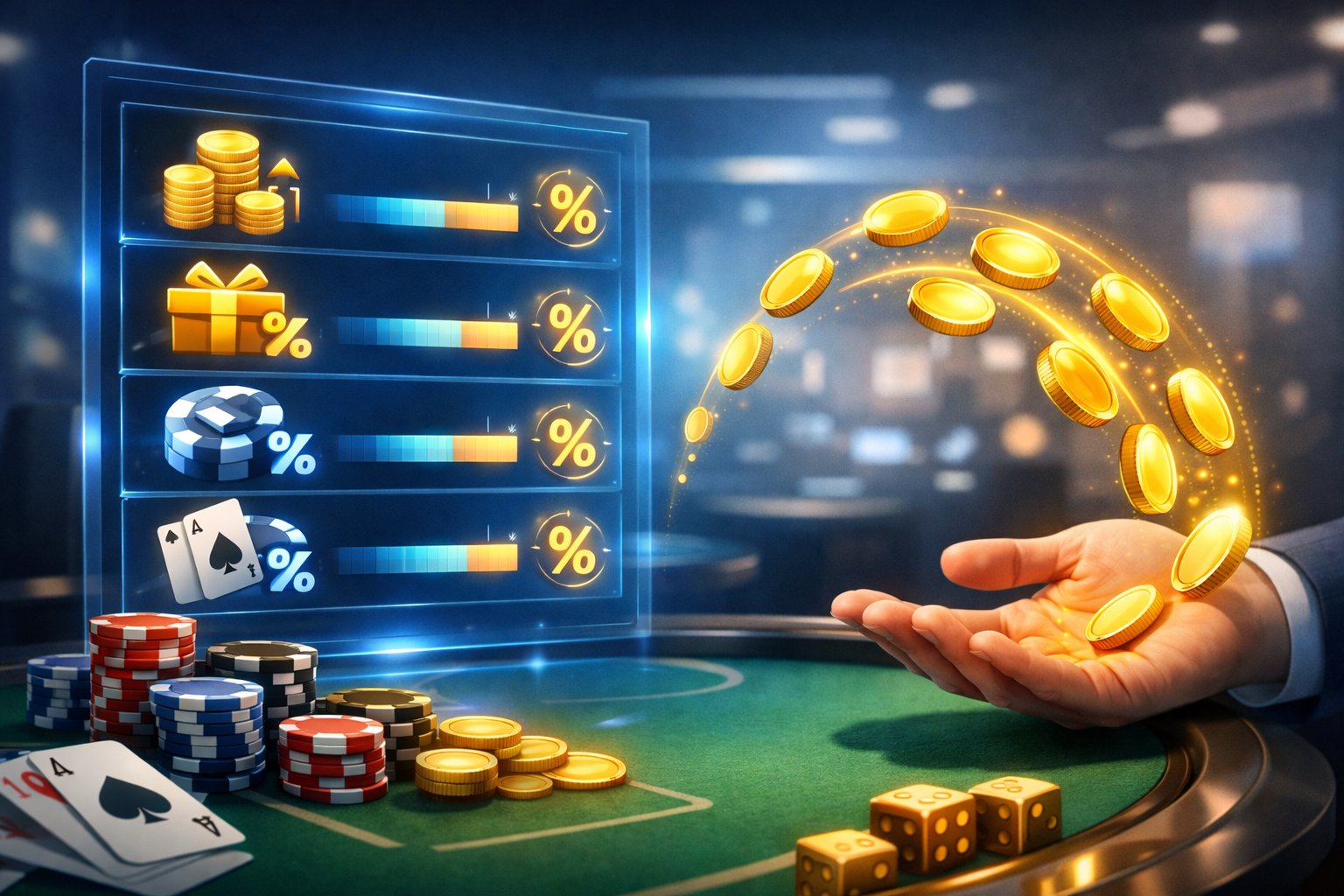A Casino Table With Chips And Cards, A Digital Leaderboard Showing Cashback Percentages, And Coins Flowing Back To A Player’s Hand Symbolizing Cashback Rewards.