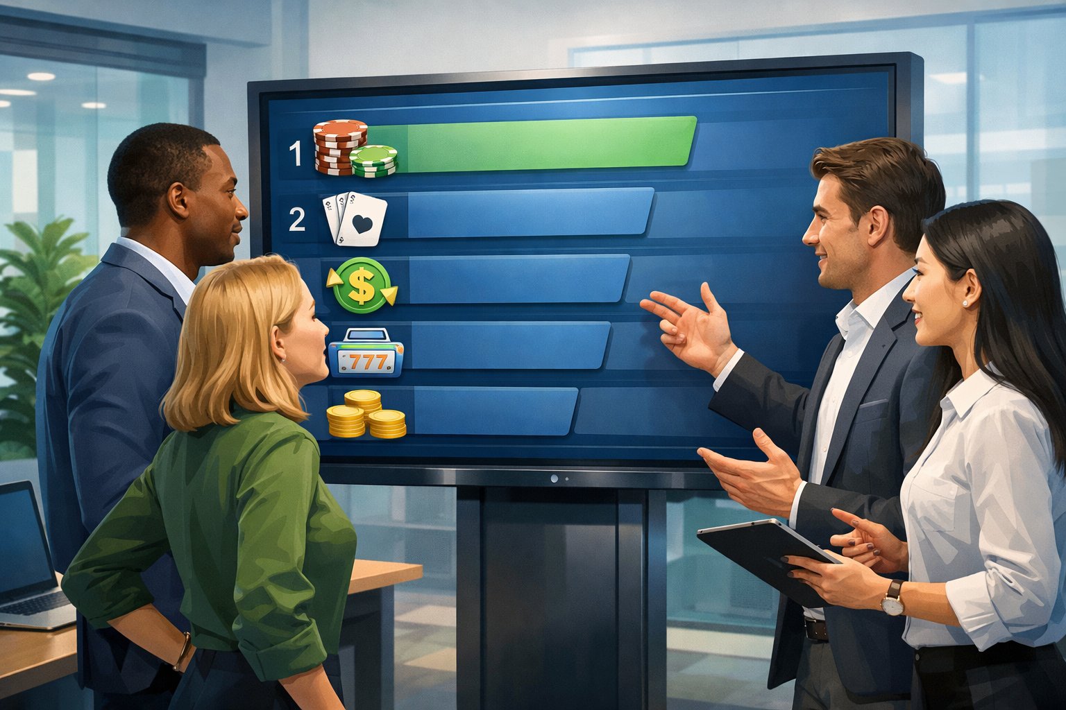 A Group Of People In A Modern Office Analyzing A Digital Display Showing A Ranked List With CasinoRelated Icons Such As Cards And Chips.