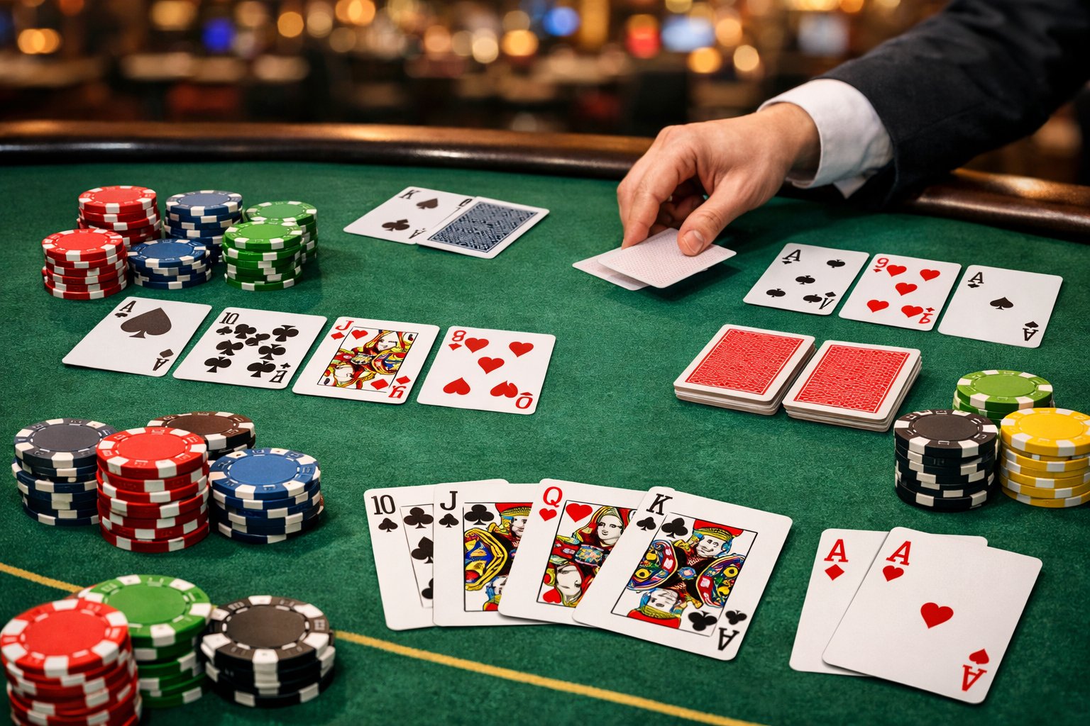 A casino table with various card games, poker chips, and a dealer's hand distributing cards.