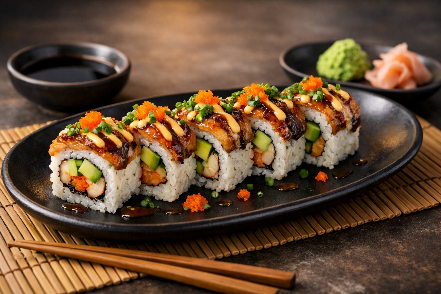 A plate of tiger roll sushi with chopsticks, soy sauce, wasabi, and pickled ginger on a bamboo mat.