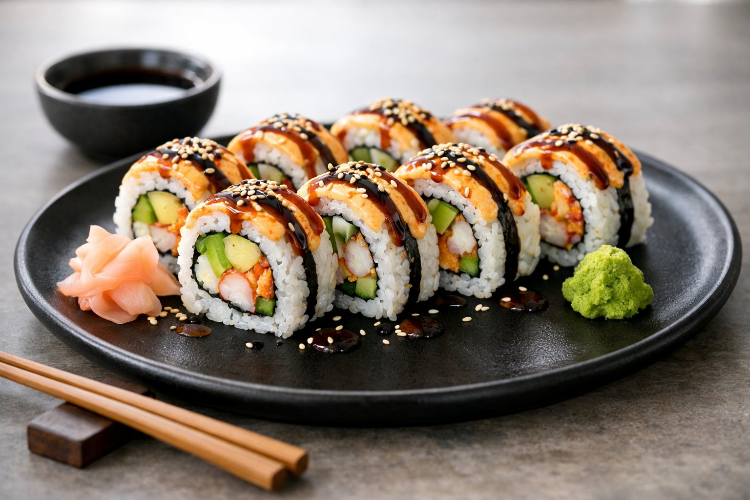 A plate of tiger roll sushi with avocado, crab meat, and sauces, served with pickled ginger, wasabi, and chopsticks on a table.