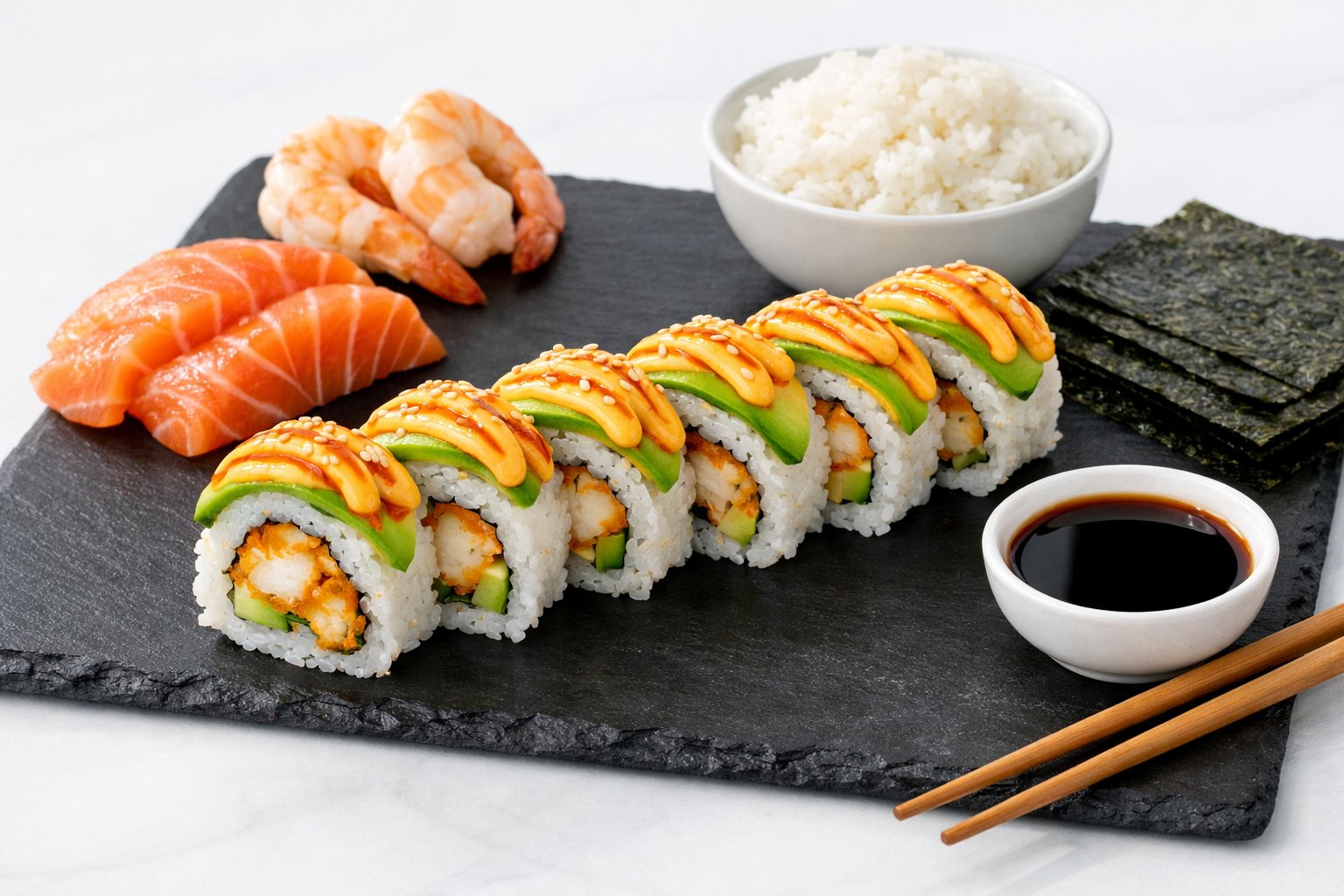 A platter displaying tiger roll sushi and its main ingredients including shrimp tempura, avocado, salmon, sushi rice, nori seaweed, soy sauce, and chopsticks.