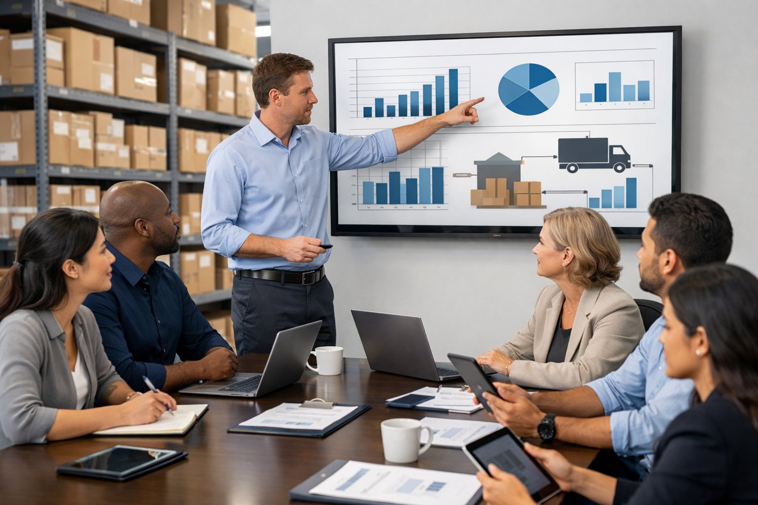 Une équipe de professionnels en réunion dans un bureau moderne, discutant des opérations de réception avec des documents et un écran affichant des données.