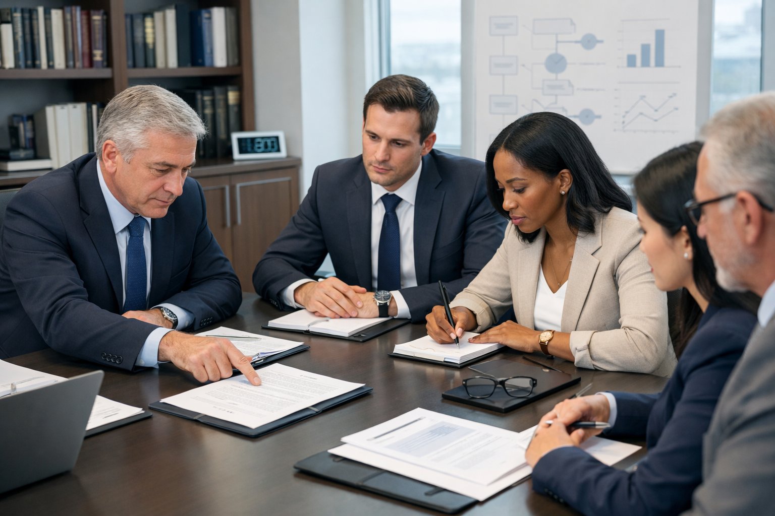 Des professionnels en réunion autour d'une table de conférence, examinant des documents et discutant de contrats dans un bureau lumineux.