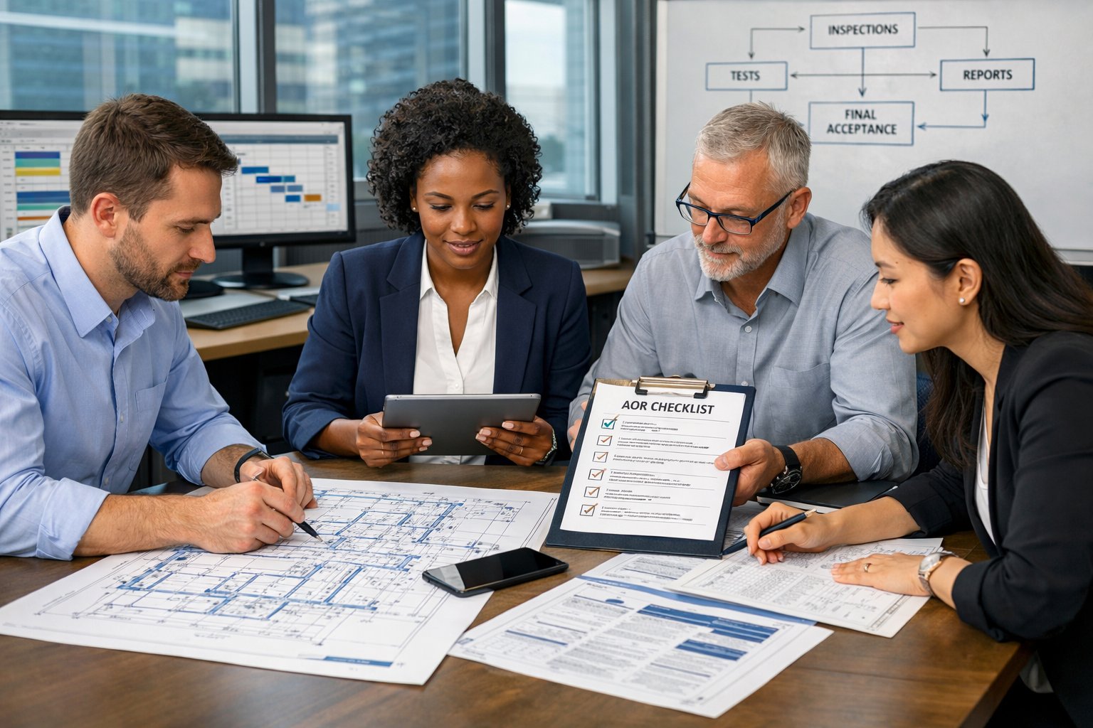 Une équipe de professionnels en réunion autour d'une table avec des documents techniques et des tablettes, en train de planifier des opérations avant une réception.