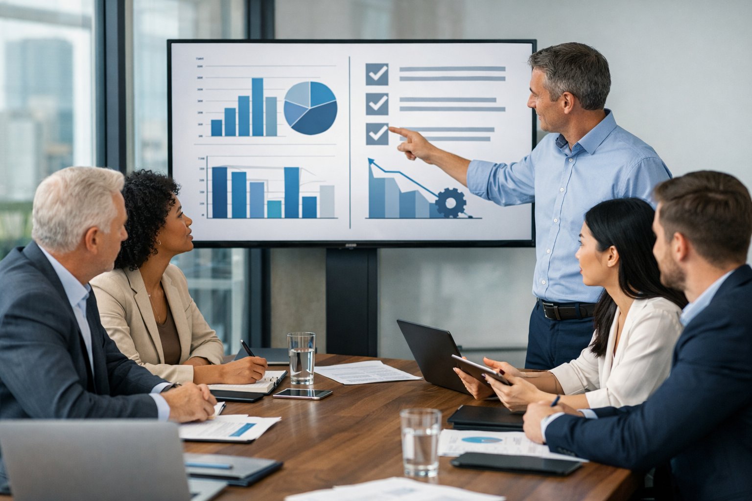 Une réunion professionnelle dans un bureau moderne avec plusieurs personnes discutant autour d'une table, examinant des documents et un écran affichant des graphiques.