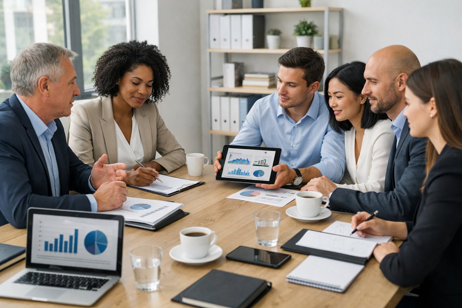 Un groupe de professionnels en réunion autour d'une table de conférence, discutant et examinant des documents dans un bureau moderne et lumineux.