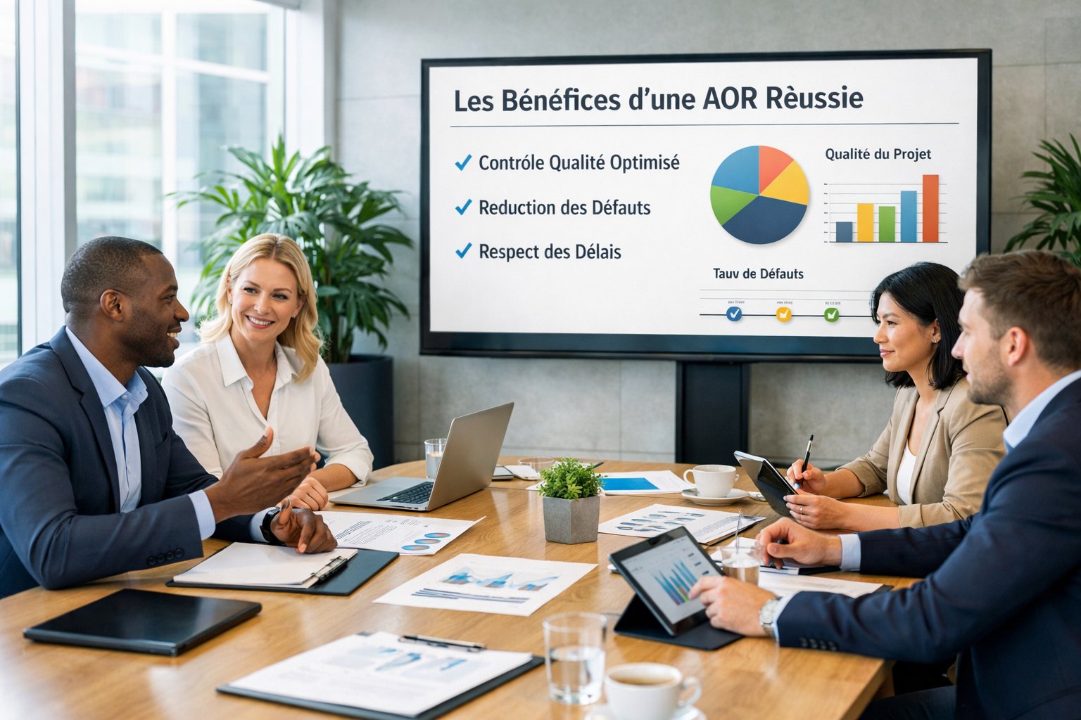 Un groupe de professionnels en réunion autour d'une table dans un bureau moderne, discutant de la gestion de projet avec des documents et des écrans numériques.