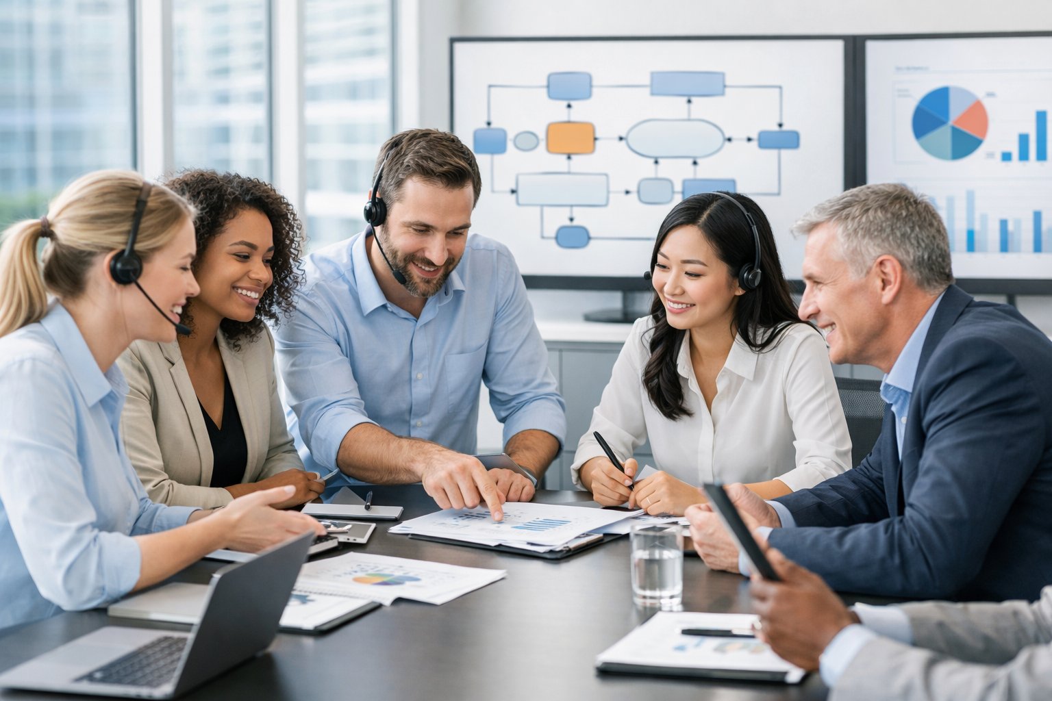 Une équipe professionnelle diverse en réunion autour d'une table dans un bureau moderne, discutant et collaborant sur des opérations.