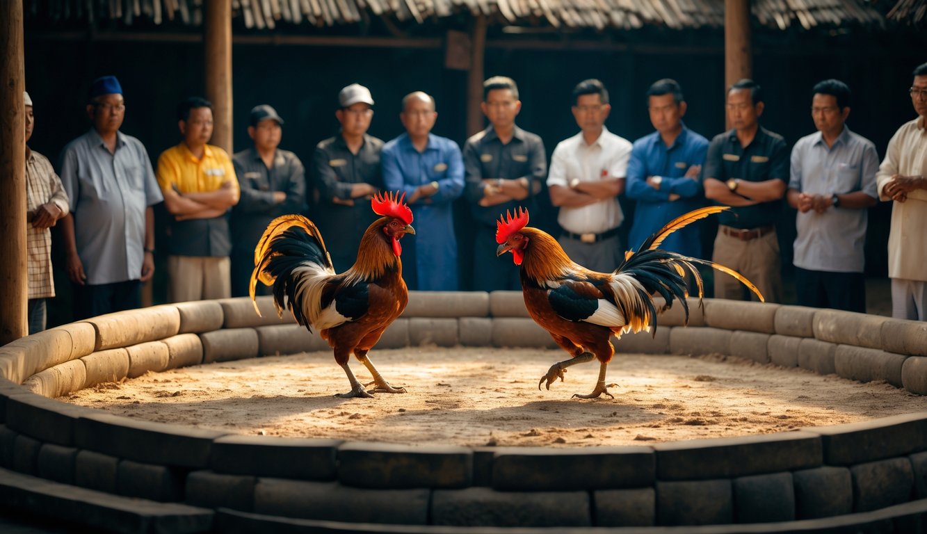 Dua ayam jago sedang bertarung di arena melingkar dengan penonton serius yang mengamati dan menganalisis pertandingan.
