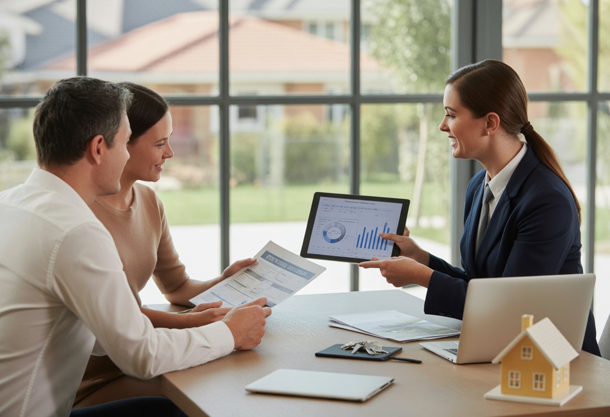 A real estate agent discussing rental property details with a couple in a bright office with a model house and neighborhood visible through the window.