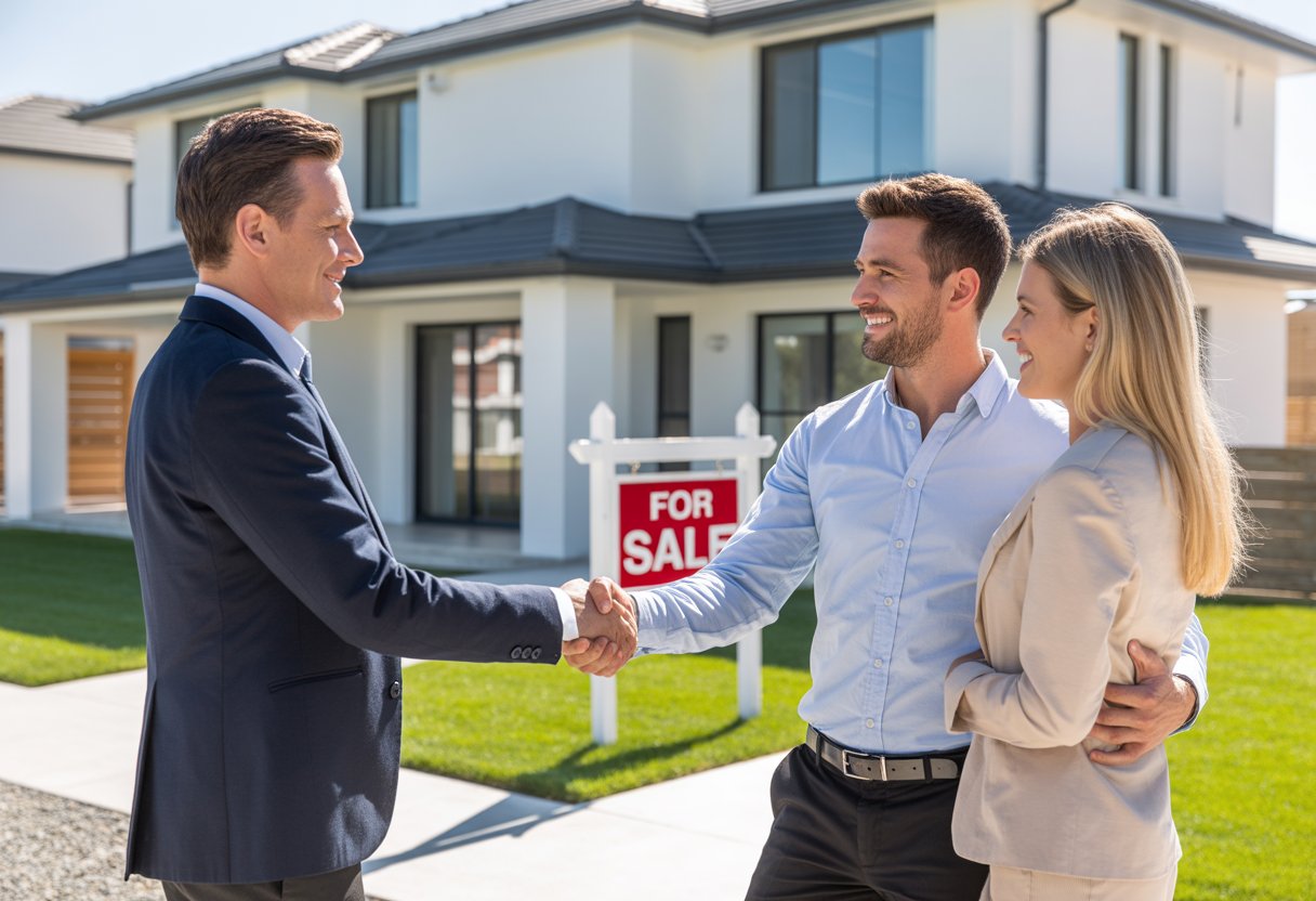 A real estate agent shaking hands with a couple in front of a residential building with a for sale sign.
