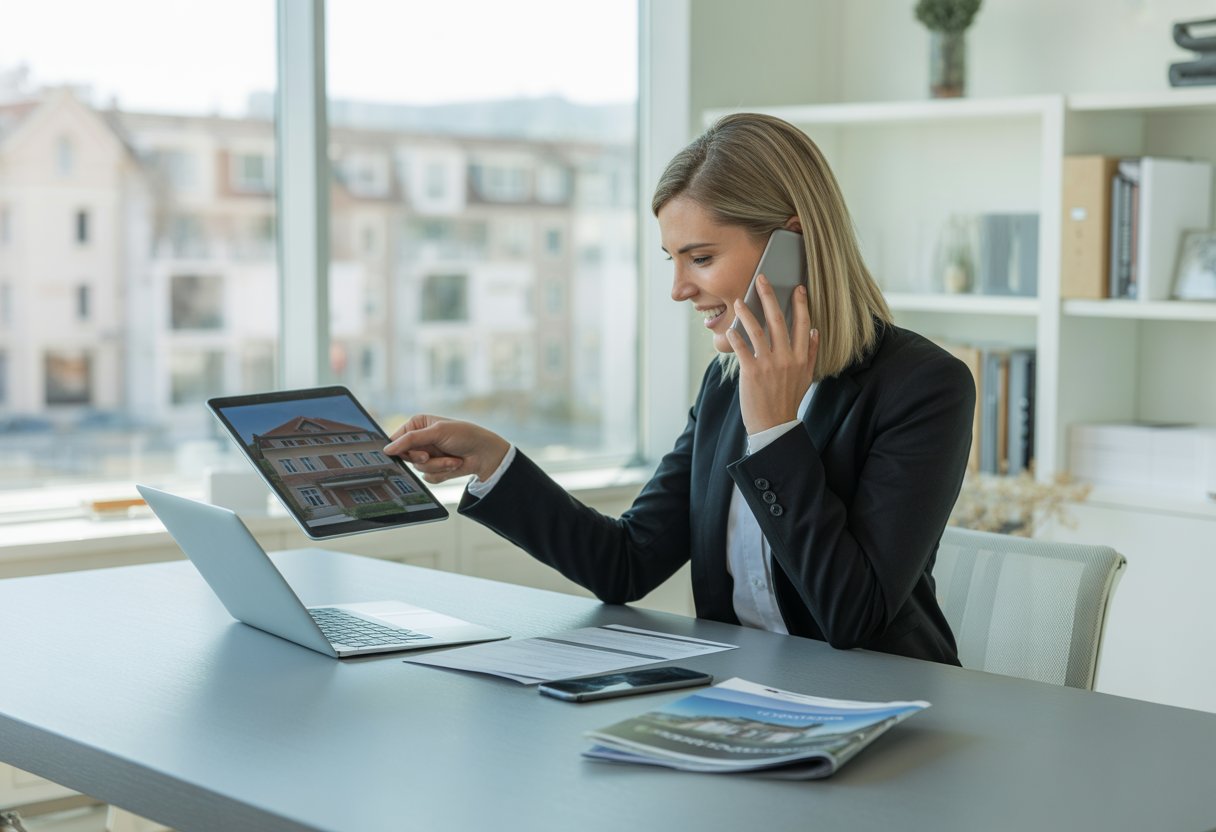 A real estate agent in an office reviewing documents and talking on the phone with a cityscape visible through the window.