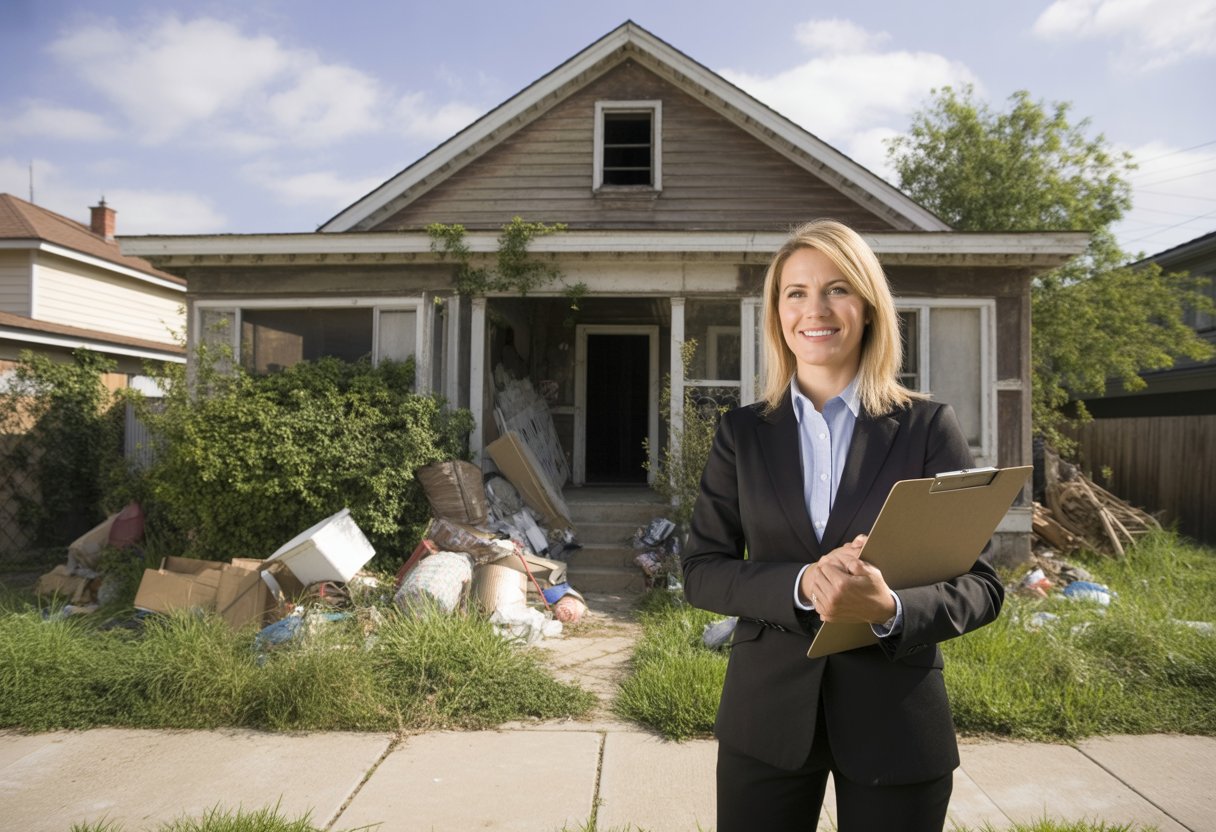 A real estate agent stands in front of a cluttered house with overgrown bushes and scattered items outside.