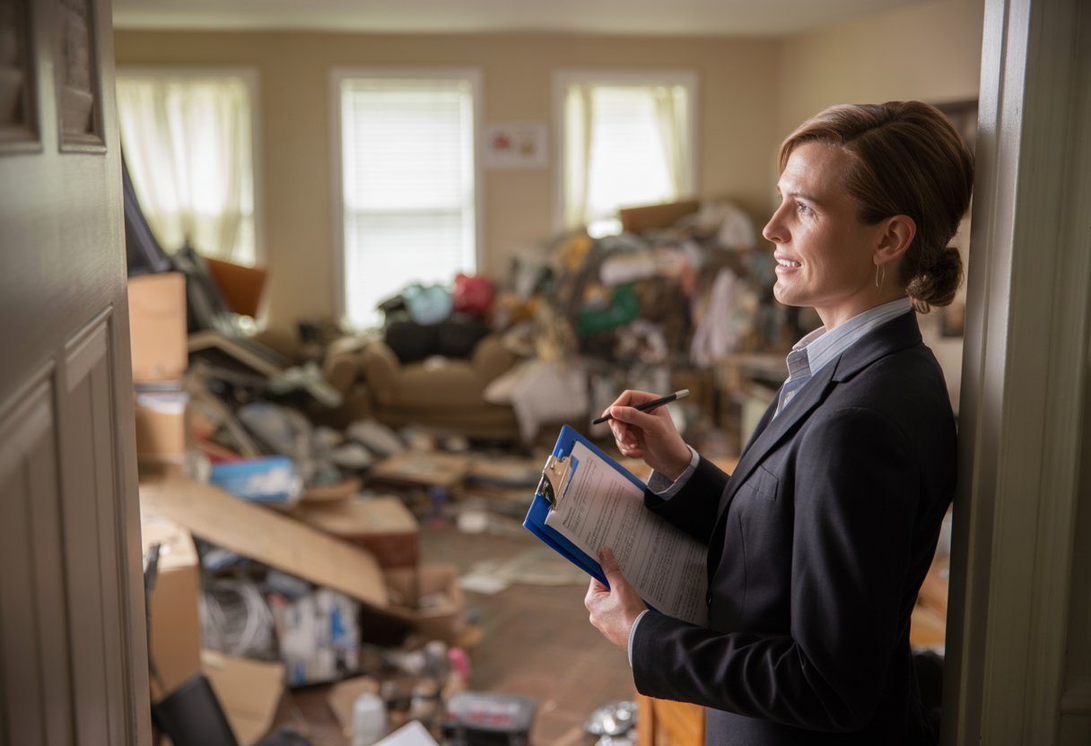 A real estate agent inspecting the cluttered interior of a hoarder house filled with piles of belongings and disorganized items.