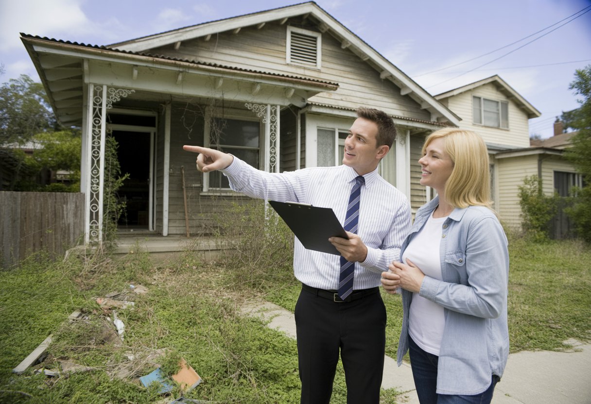 A real estate agent and homeowner discussing plans outside a cluttered house with overgrown yard.