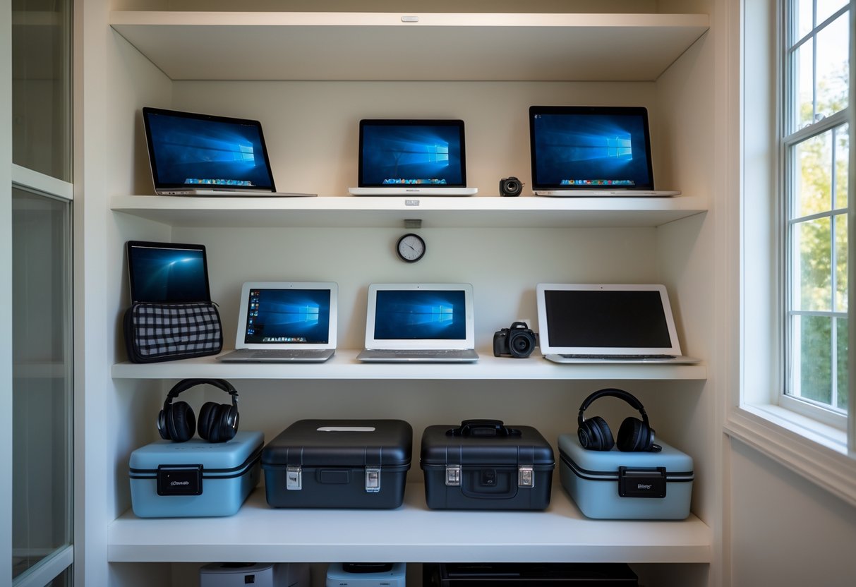 A clean, organized storage area with electronic devices stored safely in protective cases on shelves near a window with natural light.
