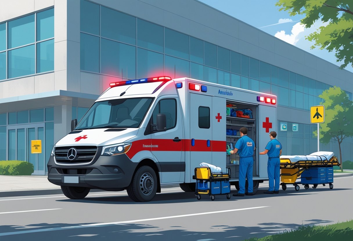 Uma ambulância moderna estacionada perto da entrada de um hospital, com paramédicos ao lado preparando equipamentos médicos.