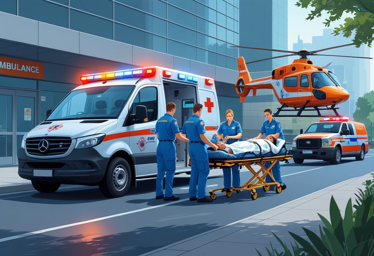 Ambulância com equipe médica atendendo paciente em maca na entrada de hospital, com outros veículos de emergência ao fundo.