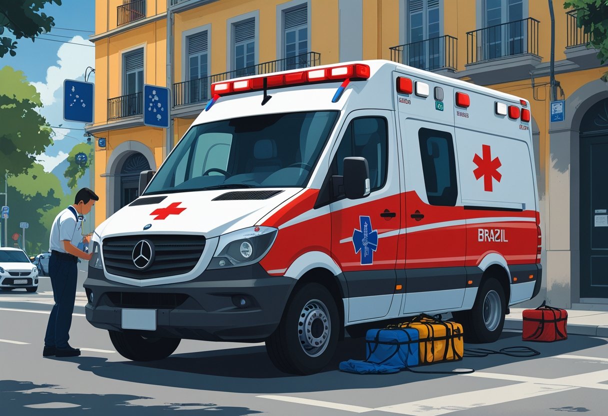 Uma ambulância brasileira com luzes de emergência acesas estacionada em uma rua urbana, com um paramédico ao lado preparando equipamentos médicos.
