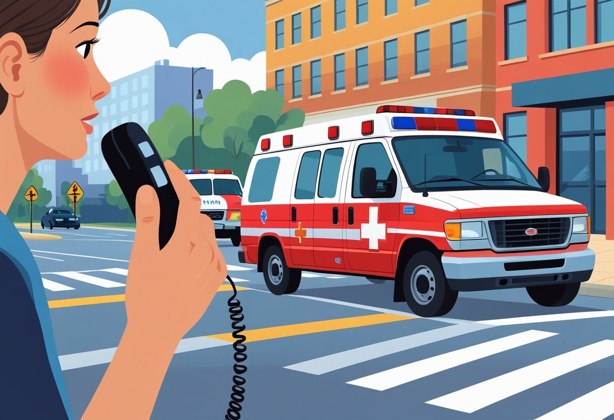 Pessoa fazendo ligação para a ambulância enquanto uma ambulância se aproxima em uma rua da cidade.
