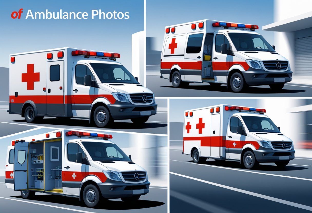 Fotos de Ambulância: Guia Completo de Tipos e Modelos no Brasil Vários tipos de ambulâncias em diferentes ângulos e situações, incluindo uma parada com portas abertas, uma vista frontal com sirenes, um perfil lateral e uma ambulância em movimento na cidade.