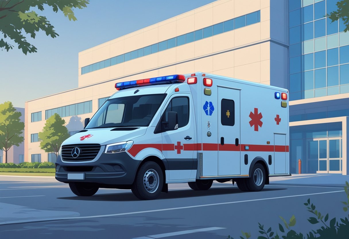 Fotos de Ambulância: Guia Completo de Tipos e Modelos no Brasil Uma ambulância moderna estacionada na entrada de um hospital durante o dia, com o céu claro e árvores ao fundo.