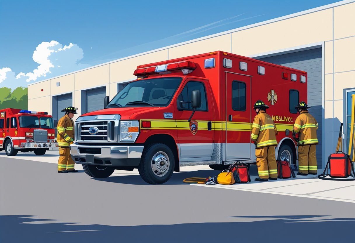 Ambulância dos bombeiros estacionada em frente ao quartel com bombeiros preparando equipamentos médicos ao lado.