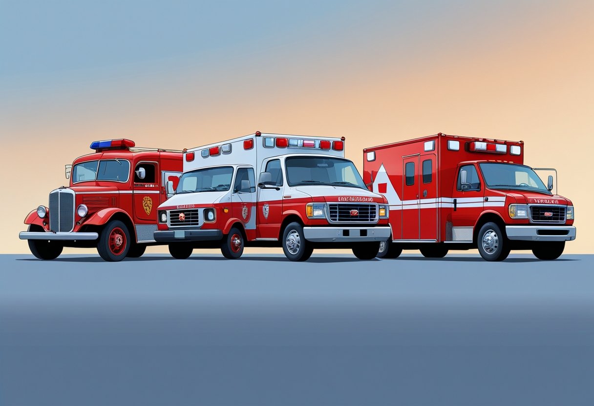 Linha do tempo mostrando a evolução das ambulâncias dos bombeiros, desde um modelo antigo até um moderno, com diferentes designs e cores vermelhas características.