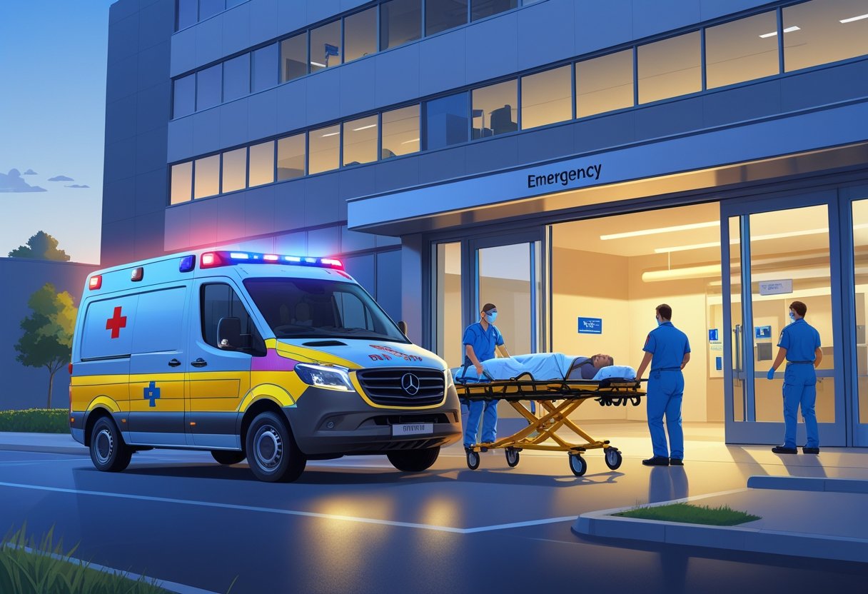 Ambulância chegando à entrada do hospital com paramédicos preparando o transporte de um paciente em uma maca.