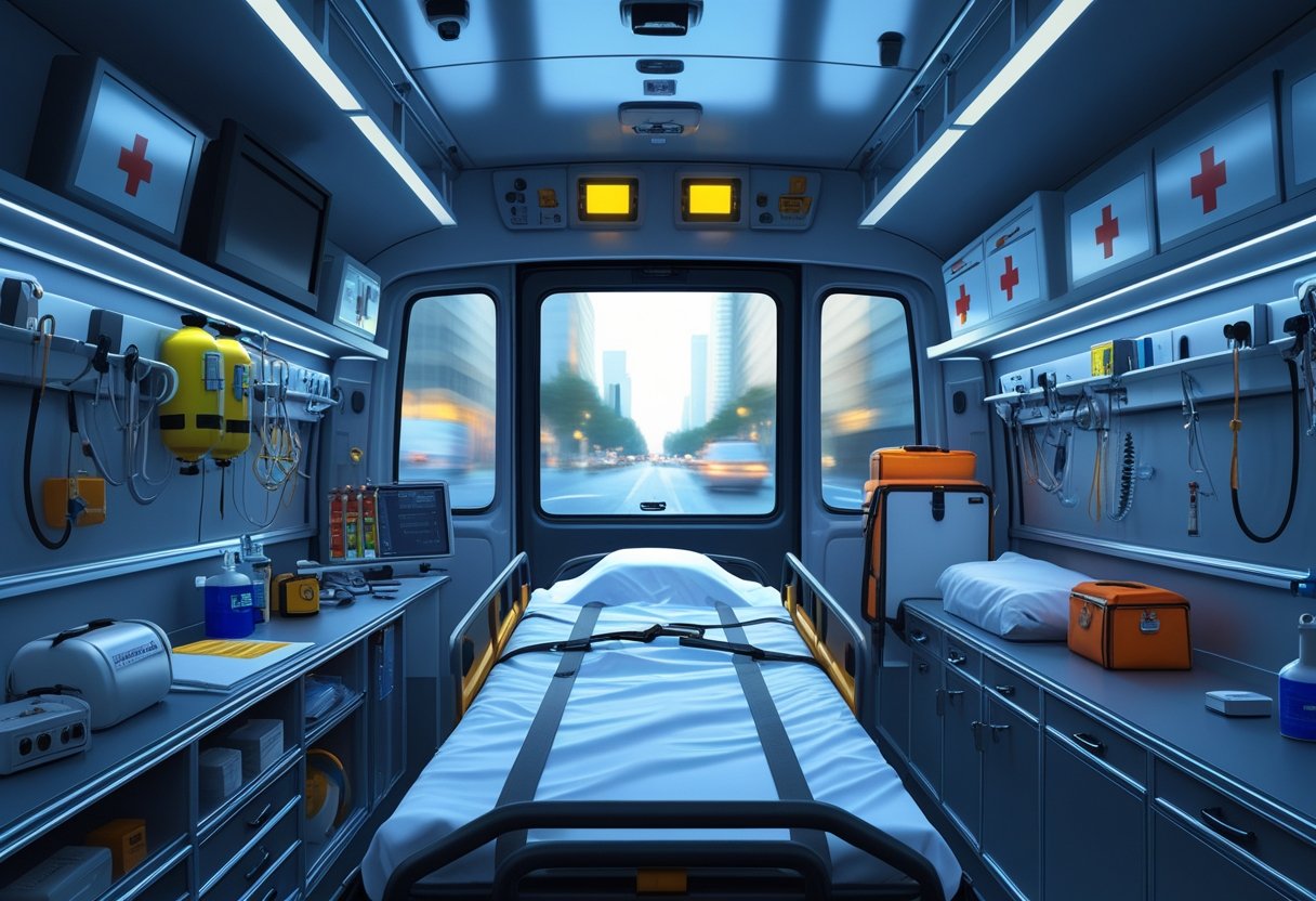 Interior de uma ambulância mostrando equipamentos médicos, uma maca e janelas com vista para a rua.