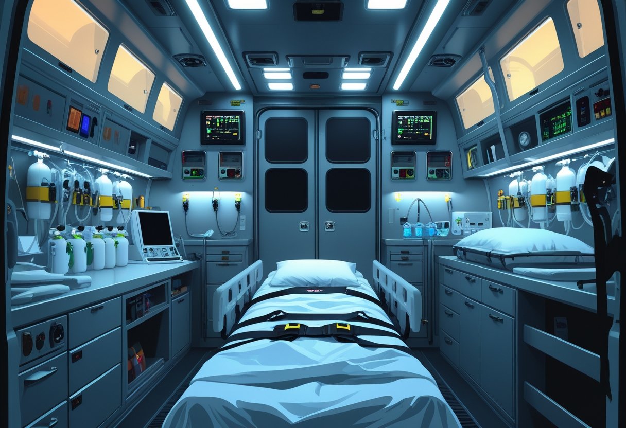 Interior de uma ambulância mostrando equipamentos médicos, uma maca e o ambiente organizado e iluminado.